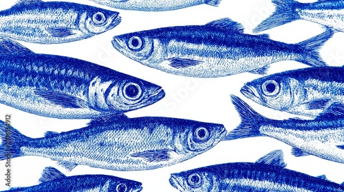 Cute simple cross-stitch pattern of blue sardines on white background, handcrafted embroidery design, minimalist sea life motif, playful and charming textile artwork