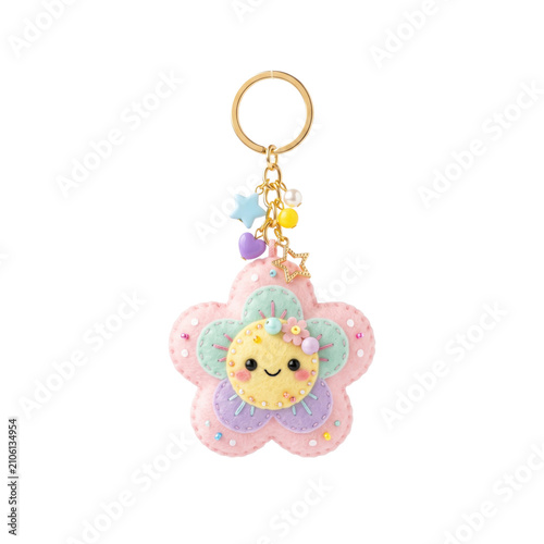 Pastel flower keychain isolated on white. Cute floral bag charm with kawaii aesthetic design.