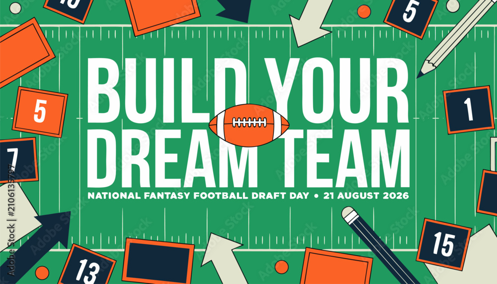 Fototapeta premium Creative fantasy football draft day graphic featuring a green field