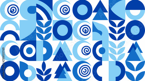 Modern abstract geometric pattern background with blue circles and organic leaf shapes on white, representing creative corporate branding and professional website interface design