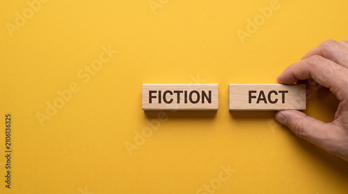 Hand placing wooden block labeled fact next to fiction label