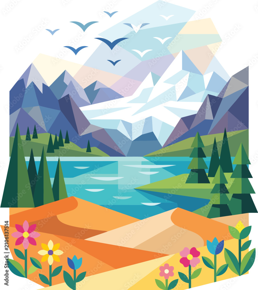 Fototapeta premium Vibrant low-poly mountain landscape with flying birds over lake. Geometric nature scene featuring stylized trees, water, and abstract terrain design.