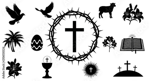 Foto Collection of religious symbols including crosses a crown of thorns a chalice an