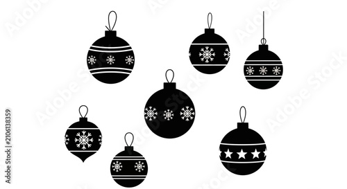 Fotografía Set of seven black christmas ornaments decorated with white snowflakes and stars