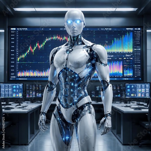  AI Robot Analyzing Stock Market Financial Trading Data on Screen