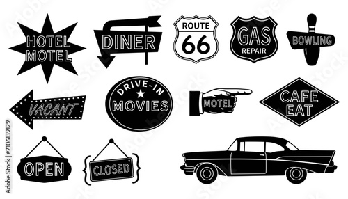 Signs Featuring Hotel, Diner, Gas, and Other Vintage Travel Icons Featuring Motel, Repair, Bowling with Cafe and Eat Elements