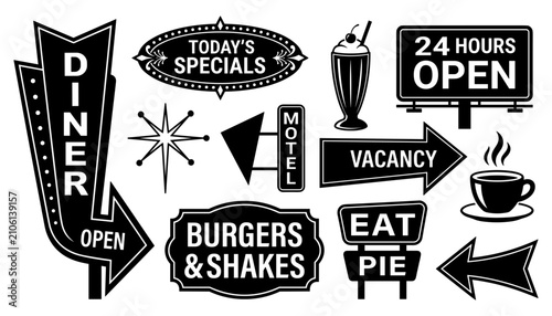 Signs Advertising Diner, Motel, and Food Items with Retro Design Featuring Burgers, Shakes, Pie with Eat and Open Elements