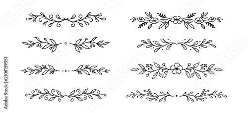 Line floral ornament leaf set. Hand drawn line floral ornament border vine doodle flower frame decor. Laurel olive divider flourish wreath botanical wedding garden vintage. Vector illustration