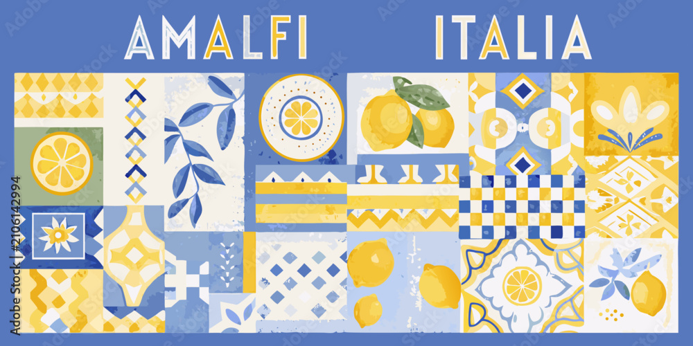 Fototapeta premium amalfi italia collage with lemons and patterns vector illustration blue yellow citrus fruit design graphic artwork culture travel vacation summer holiday mediterranean tile
