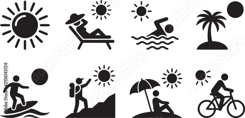 Foto Outdoor sports surfing mountain climbing beach sunbathing and cycling silhouette