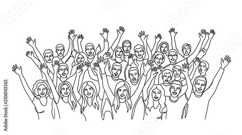 Diverse Crowd Cheering with Raised Hands Illustration