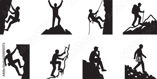 Obraz na płótnie Rock climbing and mountaineering adventure stick figures silhouettes