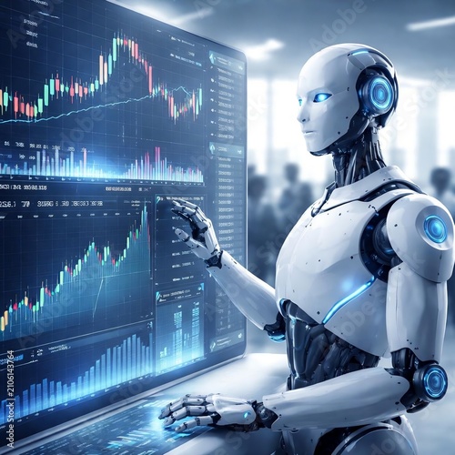 AI Robot Analyzing Stock Market Financial Trading Data on Screen