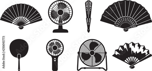 Cooling fans handheld fans and electric ventilators silhouettes collection