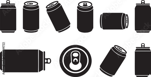 Aluminum soda cans and beer beverage containers icon set