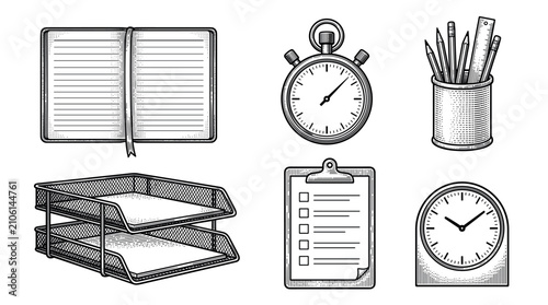 Office and productivity supplies vector illustration set in vintage engraving style