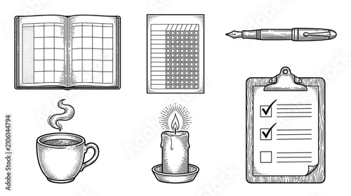 Vintage engraving vector illustration set of planning and productivity elements including calendar, habit tracker, pen, coffee, candle, and clipboard