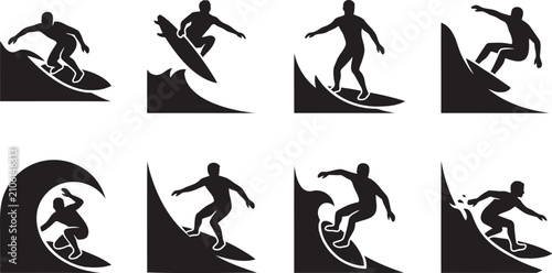 Foto Professional surfing athletes big wave carving extreme sport silhouettes