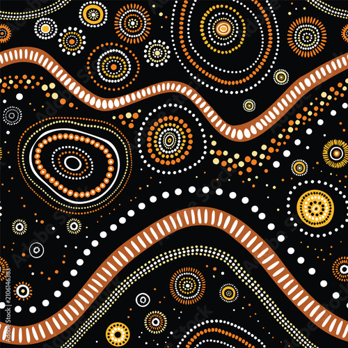 Australian aboriginal indigenous abstract seamless vector pattern with brown, orange, yellow and white dotted circles, curved lines and tribal elements as cultural landscape on black background