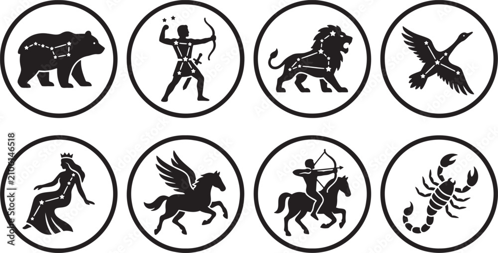 Obraz premium Astrological zodiac signs and star constellation emblem set