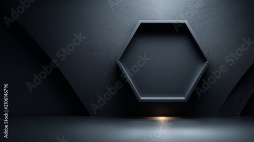 Minimalist matte black metallic hexagon on dark black background with subtle soft lighting, elegant futuristic texture, modern 3D depth, sleek low-contrast abstract design.