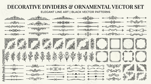 Elegant Black Ornamental Vector Set featuring Decorative Dividers, Flourishes, Floral Corner Frames, and Calligraphic Line Art for Wedding Invitations