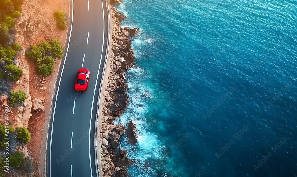 Fototapeta premium Red car drives on coastal road beside blue ocean waves, scenic drive vacation travel.