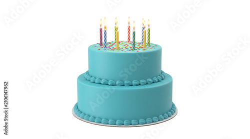 Blue birthday cake transparent PNG isolated cutout with lit candles and sprinkles for celebration design