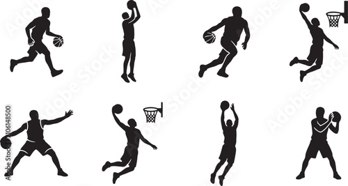 Canvas Print Basketball player action silhouettes dribbling passing and slam dunking