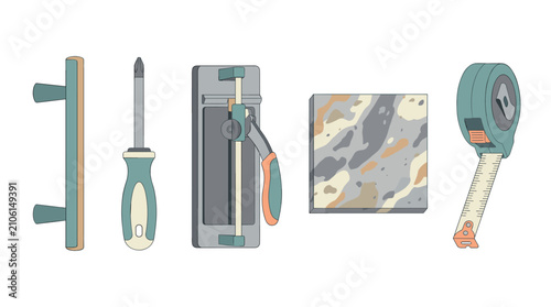 Tiling and home renovation tools vector illustration set including tile cutter, screwdriver, tape measure, trowel, and ceramic tile