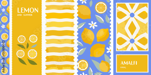 lemon themed summer patterns with yellow blue stripes and floral elements pattern design fruit citrus seasonal background graphic illustration amalfi amal textile print