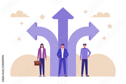 team at crossroads with purple arrows vector illustration people choices directions decision group collaboration workplace strategy planning future opportunities growth career professional development