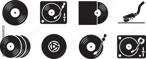 Vintage vinyl records and retro music turntable icons