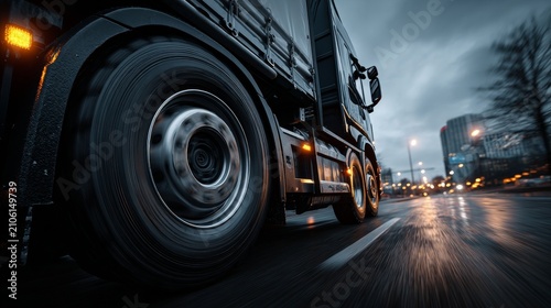 Ultra-realistic close-up of heavy-duty truck tyre and wheel in motion on highway, detailed tread and sidewall textures, realistic reflections, cinematic lighting, industrial commercial vehicle context