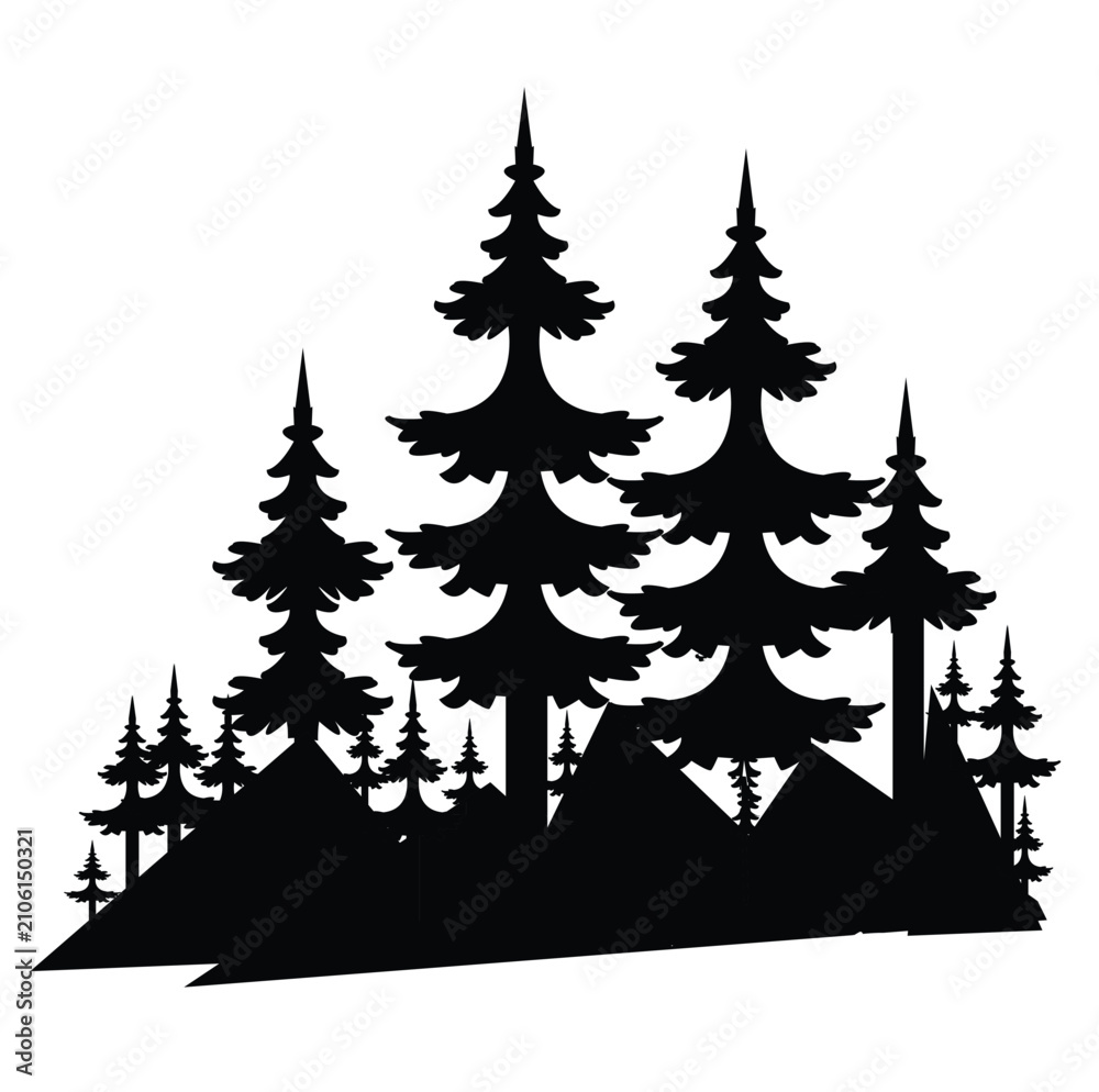 Obraz premium Pine Forest Landscape Silhouette Vector – Evergreen Trees and Mountain Nature Scene