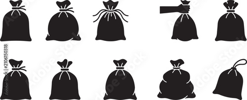 Schilderij op canvas Tied textile sacks grain bags and storage parcels silhouette