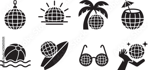 Cuadro en lienzo Disco mirror balls party sunglasses and tropical retro celebration icons