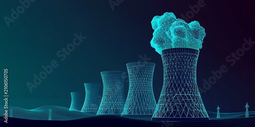 Wireframe cooling towers emitting smoke on dark background technological grid abstract.