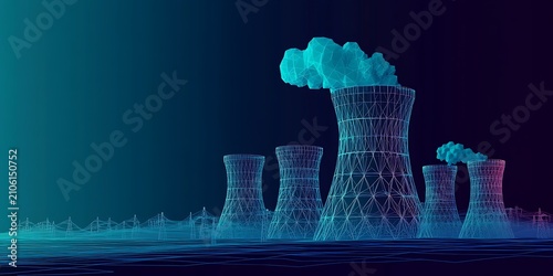 Wireframe industrial cooling towers with steam on dark background technological grid.