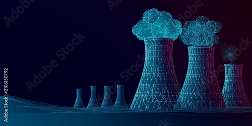 Wireframe cooling towers with steam on dark background technological grid abstract.