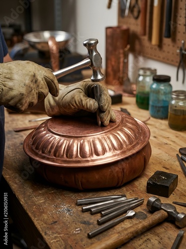 Coppersmith Hammering Repoussé Pattern on Copper Vessel in Workshop