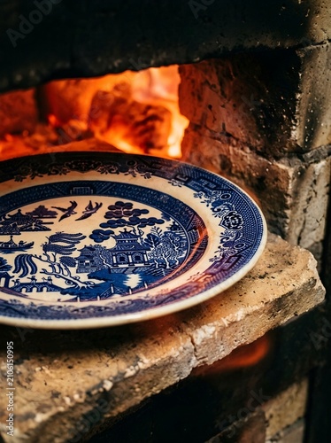 Close-Up of a Traditional Blue Willow Pattern China Plate Resting on a Weathered Brick Ledge Beside Glowing Orange Flames Inside a Rustic Wood-Burning Fireplace or Kiln