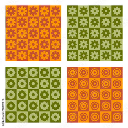 Retro Floral Checkered Seamless Pattern Collection in Mid Century Modern Style