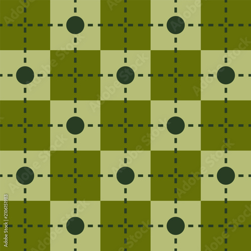 Olive Green Plaid Seamless Pattern with Polka Dots and Stitched Grid Background