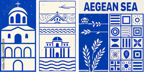 vintage block print style posters featuring greek architecture and symbols church building wave pattern blue white background travel tourism culture history design illustration