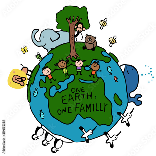 Photography Diverse children holding hands with wild animals around planet Earth with the text One Earth, One Family