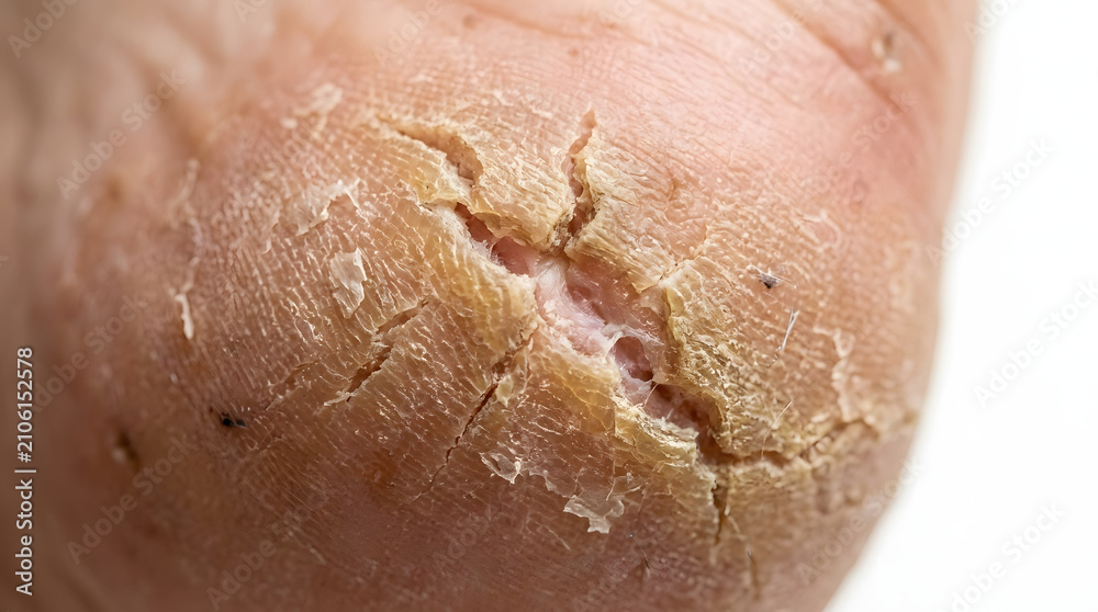 Fototapeta premium Close up of cracked dry skin on a human heel with a deep fissure.