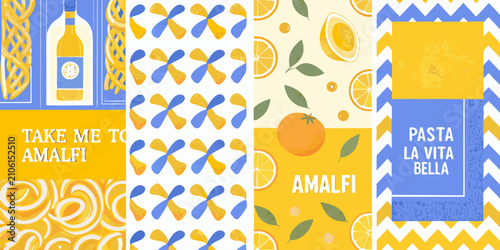 illustration of italian food ingredients with vibrant colors lemons oranges pasta wine bottle pattern graphic design amalfi italy culture cuisine artwork vector print