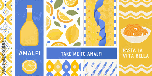 illustration of italian food ingredients with colorful patterns lemons cheese pasta wine pattern amalfi vita bella vector graphic design art culinary culture travel
