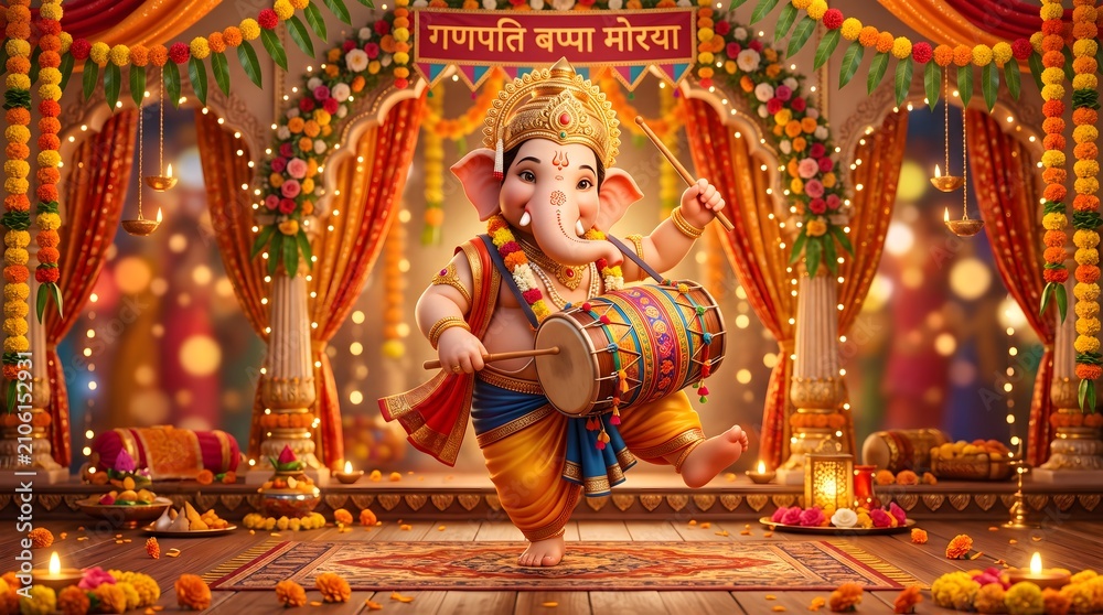 Fototapeta premium Lord Ganesha Playing Drum Ganesh Chaturthi Celebration